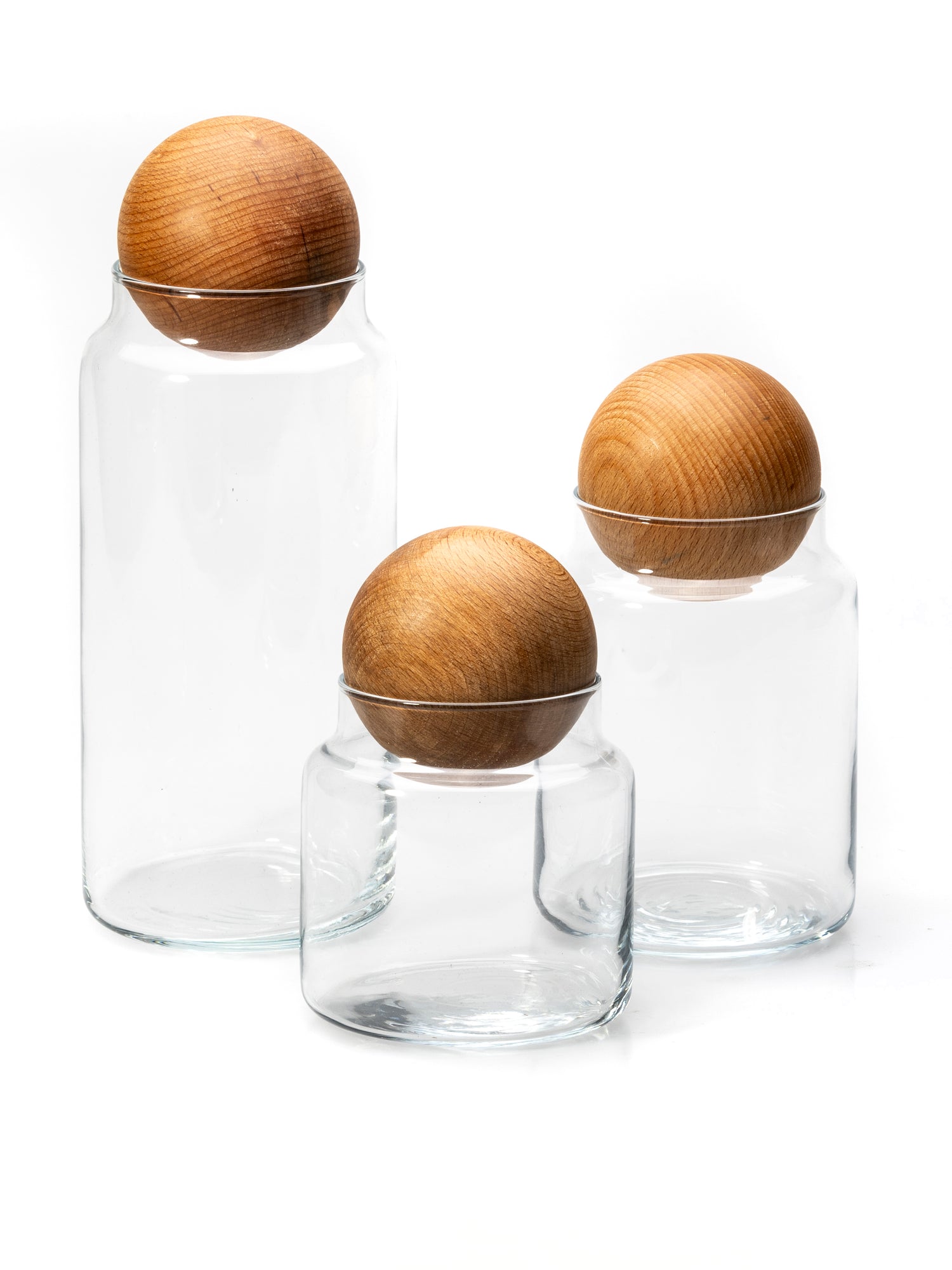 Bubble glass storage jars with wooden lid, set of 3