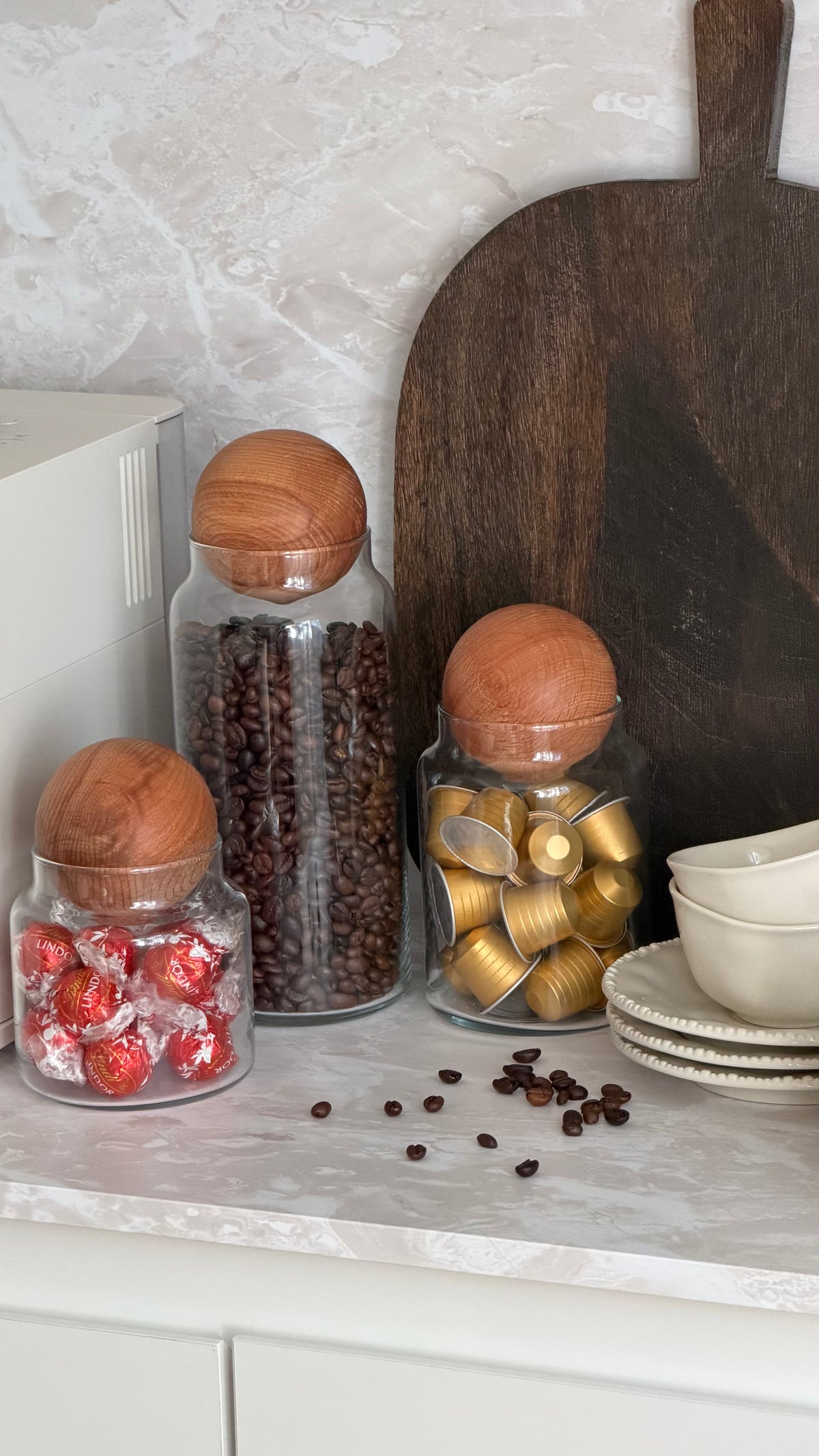 Bubble glass storage jars with wooden lid, set of 3