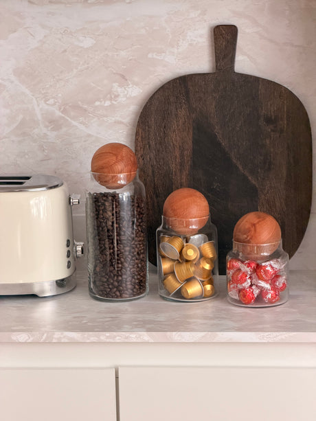 Bubble glass storage jars with wooden lid, set of 3